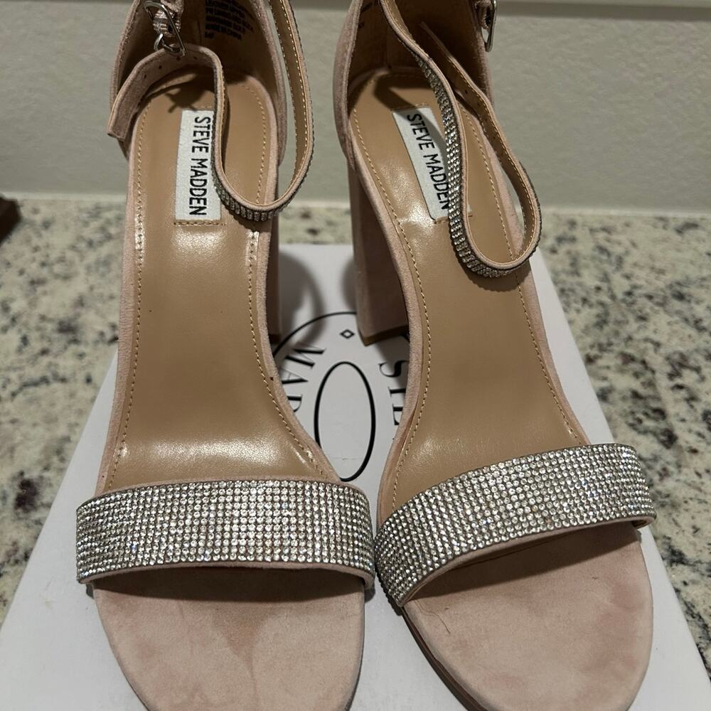 New Steve Madden Carrson Crystal Embellished Nude Block Heel Sandals Size 11